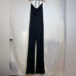 Women’s Black Halter Style Draped Scoop Neck Slinky Wide Leg Jumpsuit. Size M